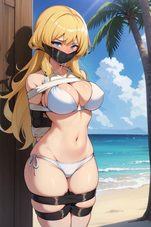 1 girl, blue detailed eyes, Long blonde hair, improvisierter Knebel, Klebebandknebel, GEKNEBELT, Klebeband, festgebunden, Arms behind the back, gefesselte Arme, white bikini, blushing, Tape gag, Standing, beach in the background, big , nahe Kamera perspektive, japanese Hair decoration