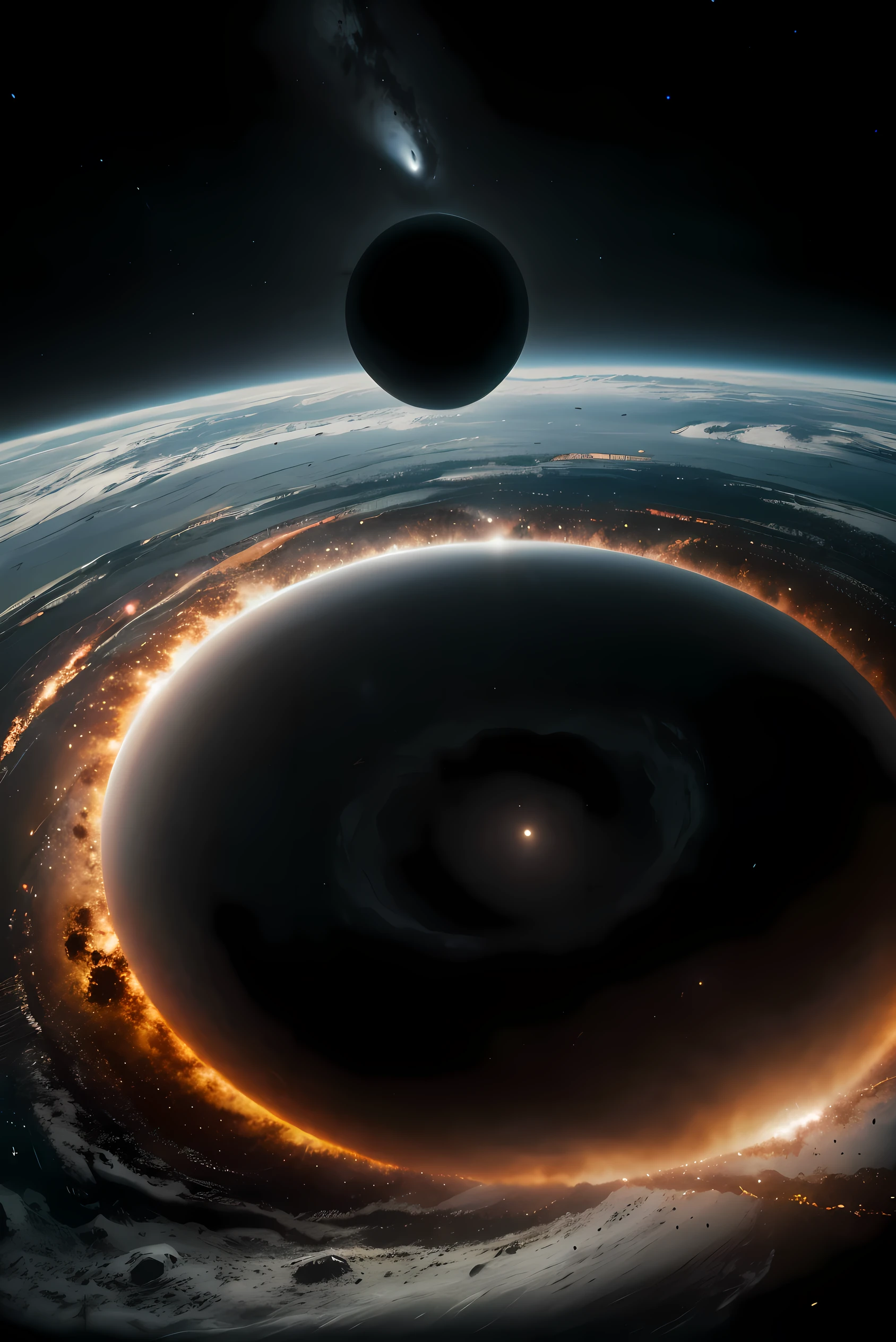 "Develop a prompt for the creation of an image using artificial intelligence with maximum quality, advanced levels of detail, and a cinematic style, depicting a supermassive black hole. Explore the vastness and extreme gravity of this cosmic phenomenon, highlighting its contours, energy emissions, and visual distortions in the surrounding space. Utilize artificial intelligence to enhance the fascinating aspects of the black hole, providing an immersive visual representation that captures the magnitude and complexity of this impressive astrophysical phenomenon."