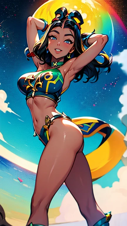 obra de arte, (((vivid color))),fundo branco, seios grandes, sorriso, franja, rosto detalhado, bikini, huge lips, pernas enormes, corpo fitness, (pele altamente detalhada), ( alta qualidade), (pele escura:1.7), huge lips, olhos amarelos, sliced bob short cabelo vermelho, cabelo vermelho, ruiva, Mulher alta, pele brilhante,