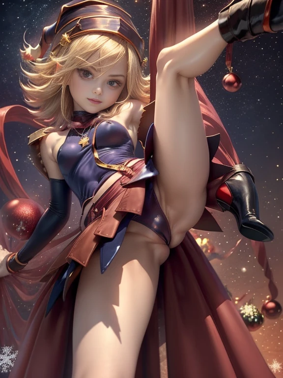 Dark magician Gilles in a red dress,((See through)), Very detailed, Rubio,(((Tiny mini skirt))), ((Skirt flip)),(((I can see Tanga))),smile, blue eyes, Realist, Red High Heels, (((Christmas))), Neckline, ((Christmasツリー, gift)), cabello Rubio, 魔法のChristmas. Seductive and sensual poses.