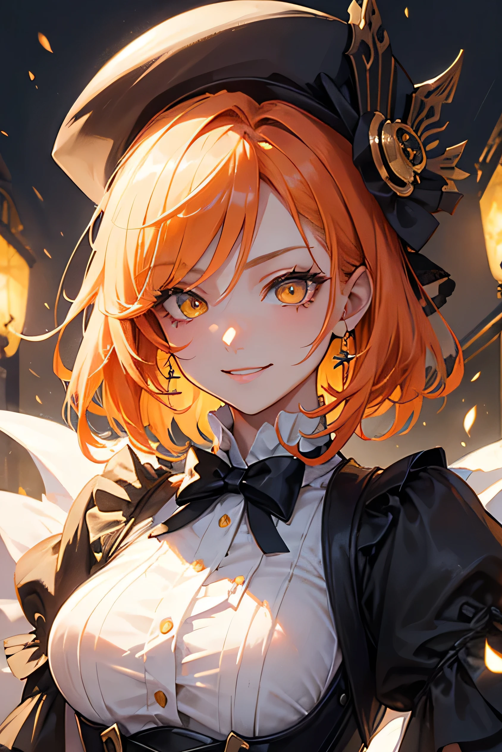 masterpiece, highest quality, so beautiful、Latest、girl, Orange Hair, short hair, Yellow Eyes、Wicked Smile、Wicked Smile,Shining Eyes、Super cool adult woman in monochrome British aristocrat fantasy costume、Combat pose、Close-up of face、Decoration、Be confident々、hat、steampunk、Black Butler、Sebastian Michaelis、Looking up、cool、Moonlit Night