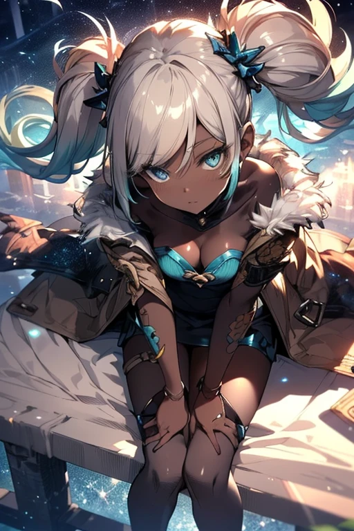 Iooiklas,Platinum Blonde Hair,Twin tails, hair ornaments, White Dress, Black knee socks,
Removable sleeves,Complex eyes,Beautiful fine details,Symmetrical eyes,Big eyes:1.5,Seductive eyes,
(((dark skin,dark_skin,rous skin:1.5,bright skin: 1.5,
skin tanned,shiny skin,very shiny skin,Shiny body,plastic glitter
skin,exaggerated shiny skin,illuminated skin))),
(,Detailed body,(Detailed face)), cute,Lewdtic,Bmel toe revefit,show skin,(((Sexy aqua fur coat, Aquur coat outfit,
wearing a Ice Dress:1.3,aqua 冬 coat))), ((Ice Dress,elegant Ice Dress)),
(White gloves,White clothes,(((Complex outfit,Complicated clothes,Embroidered costume,Glamorous costumes,Embroidered clothes,
Glamorous clothing))),skinsuit, Bodysuits, pantyhose,
High resolutionp focus,(Super detailed,Very detailed),(Very detailed CG unity 8k wallpaper),
(((Vibrant colors))),Beautiful night sky, Meteors,Sitting,Raise your knees,Leg spread,(Anatomically correct),Top view,