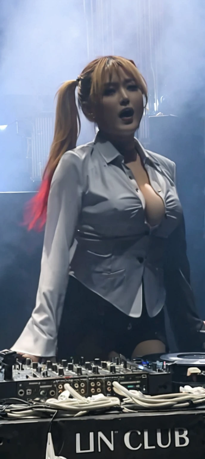 A woman in a suit and tie stands behind the DJ, Behind her is an atmosphere of terror, Revealing clothes, Concert clips, asuka underwear set!, cleveage, Touch her clothes, HD dirty photos, SFW Big , The cables on her body, revealing clothing, Breast coverage and SFW, Very sexy, Large Breasts!, Her breasts