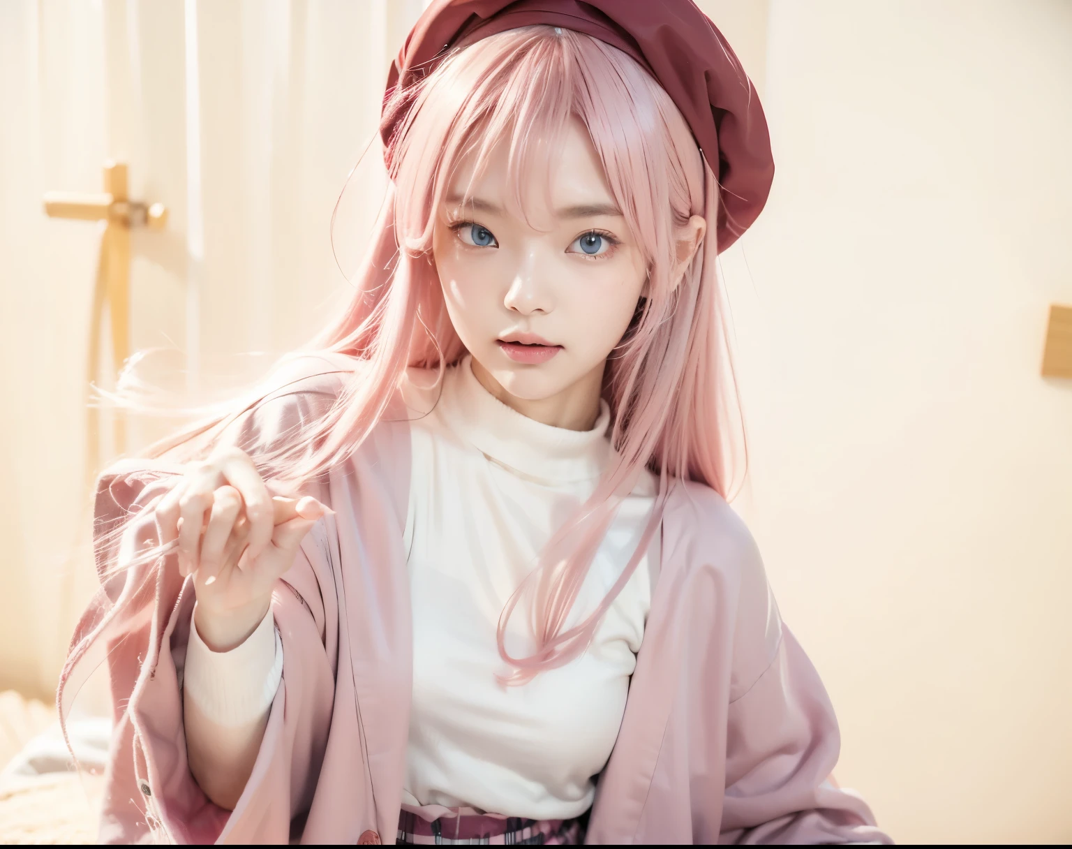 One girl, shinkimori san, pink hair, light blue eyes, gray t-shirt, coat brown, pink checkered skirt in dark red,