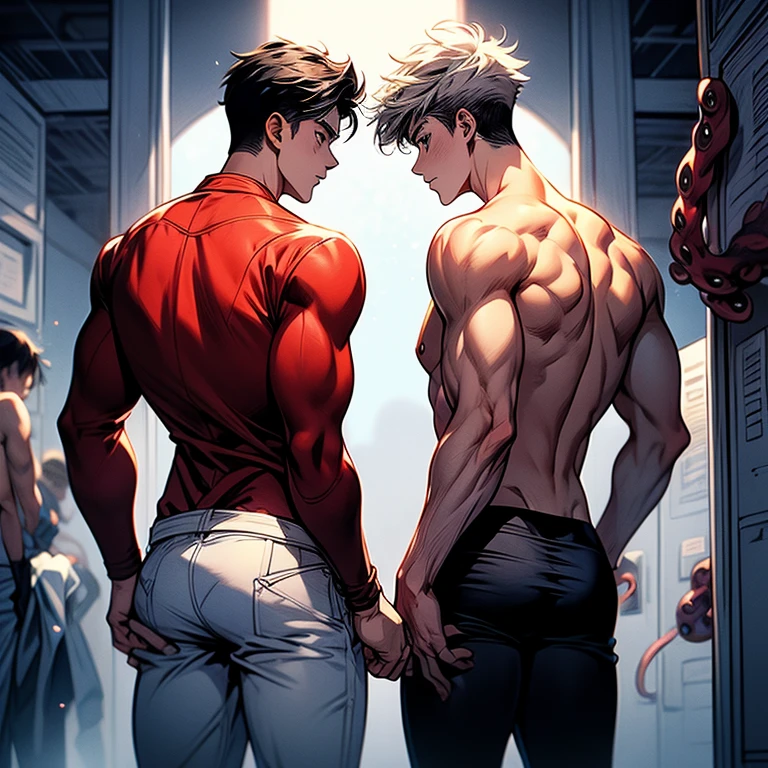 Anime style, Tentacles and Justin Bieber tired handsome sixteen-year-old boy in the men's locker room fighting, large voluminous elastic lush naked, dd only in tango briefs, torn fabric, fashionable haircut, made of tentacles white sticky substance leaks out, back view