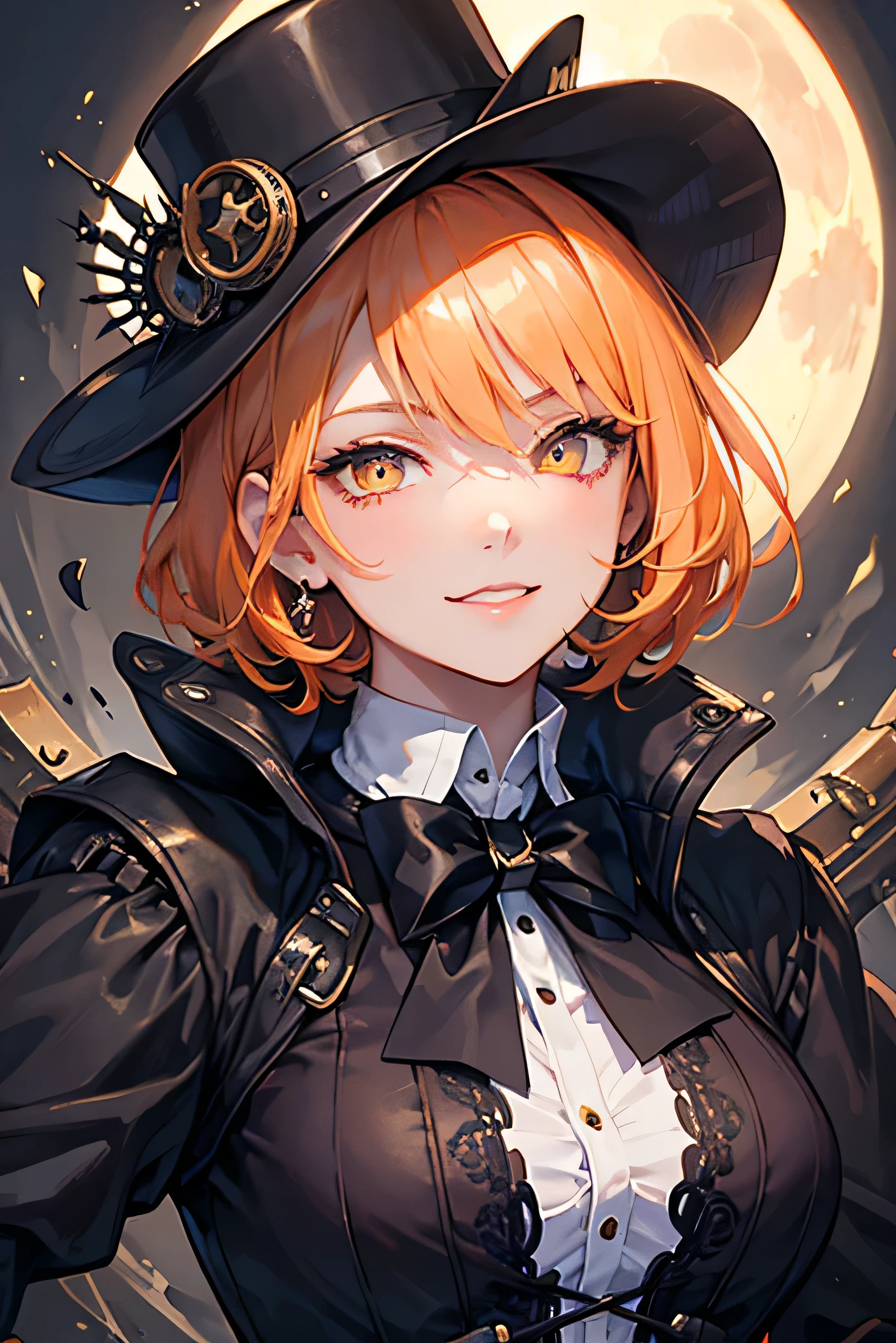 masterpiece, highest quality, so beautiful、Latest、girl, Orange Hair, short hair, Yellow Eyes、Wicked Smile、Wicked Smile,Shining Eyes、Super cool adult woman in monochrome British aristocrat fantasy costume、Combat pose、Close-up of face、Decoration、Be confident々、hat、steampunk、Black Butler、Sebastian Michaelis、Looking up、cool、Moonlit Night