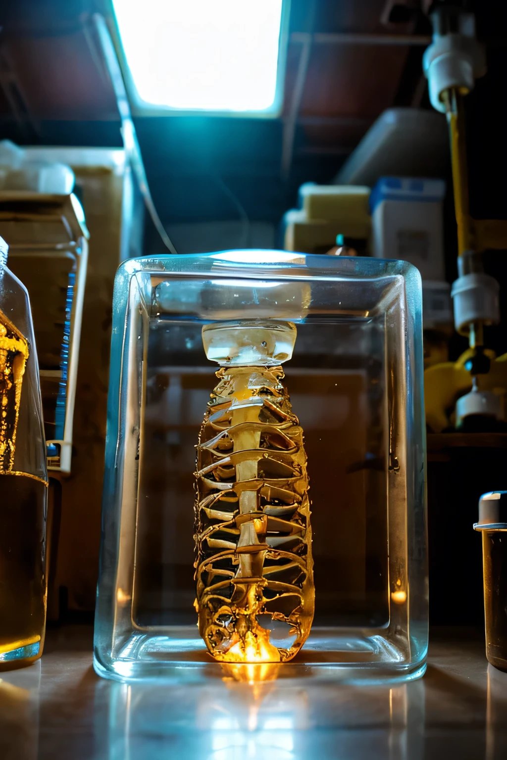 Formalin-soaked human bones, dimly lit laboratory