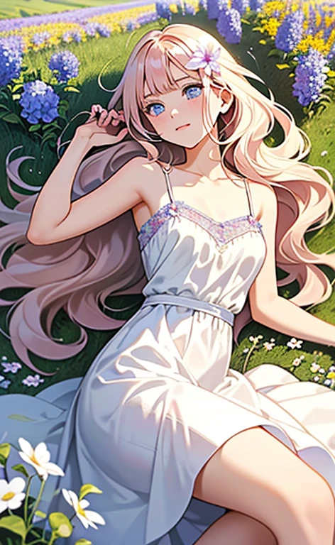 (masterpiece:1.4、top-quality、illustration:,realistic、)、(character focus、,cowboy shot:1.3)、(1girl),(clear face:1.3),(),cute face,blue eyes、(tareme:1.3)、(from above),
(Lying in a flower field:1.4),(on side1.5)、looking out、
(pink blonde hair),(very long hair:1.5)、
,(Flower Field:1.3、Flower storm:1.3),(white camisole dress:1.5),
(blunt bangs),(volumey,sidelocks,wavy hair:1.3), (small breasts)、
、slender、