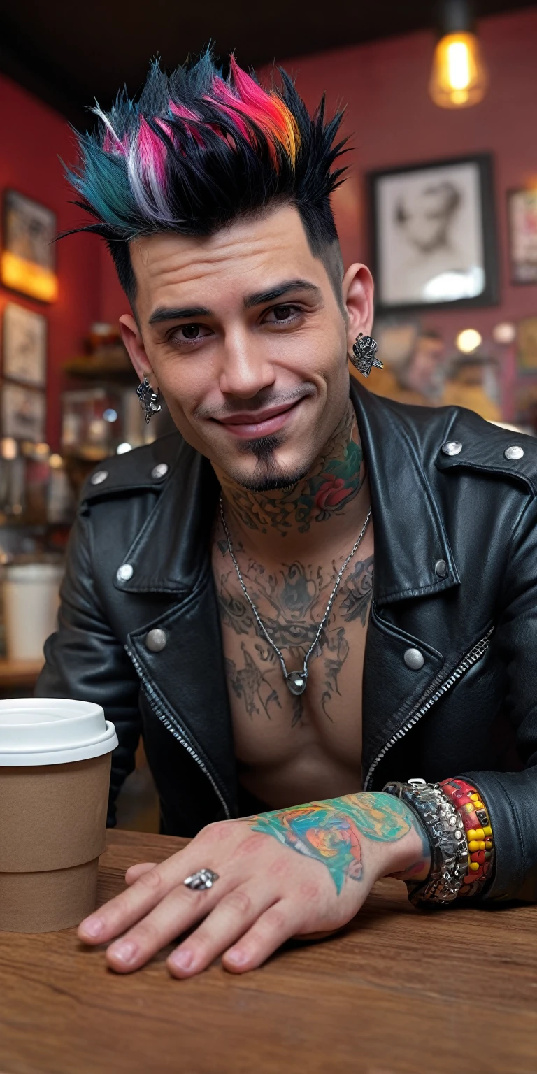 masterpiece, top, very realistic, very detailed, original photo, handsome 28 year old man, body full of colorful tattoos black hair, cynical smile, cosplaying wearing punk clothes complete with very realistic and very detailed accessories facing the audience, hair colorful mohawk and complete punk style accessories, sitting in a coffee shop, facing the viewer, hands in a pose pointing forward with the third finger higher very realistic, coffee shop background and a cup of coffee on the table in front of him. full body, frontal, facing the viewer, facial details, finger details, punk clothing details, background details, ultra realistic hand pose details, highly detailed descriptions, ultra realistic descriptions, 32K ultraHD resolution, HDR, 800mm lens, realistic, hyperrealistic, photography, photography professional and immersive photography, ultra HD, very high quality, best quality, HDR photos, focus photos, original photos, ultra sharp, nature photos, masterpieces, award winners, taken with Hasselblad x2D.