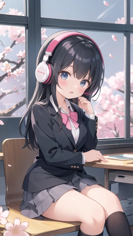 A beautiful black-haired high school girl sitting at her desk in her room listening to music with headphones and concentrating on her studies、Blazer uniform、Outside the warmly lit room, cherry blossoms are blowing wildly.、Japanese anime style