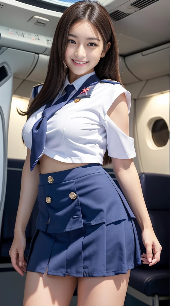 （highest quality, masterpiece, 8k, 超A high resolution）, (Photorealistic:1.4), 7-Head Beauty、27 talents、（Beautiful Face、Symmetrical eyeedium breast）、Perfect Body Proportions、（Japan Maritime Self-Defense Force Uniform）、Look at the viewers、(Inside the plane:1.2)、View from the front、shoulder、Absolute area(1.3)、（Laughter）　、　 ((mini skirt:1.3)) 、Sexy pose、((（Maritime Self-Defense Force uniform）))