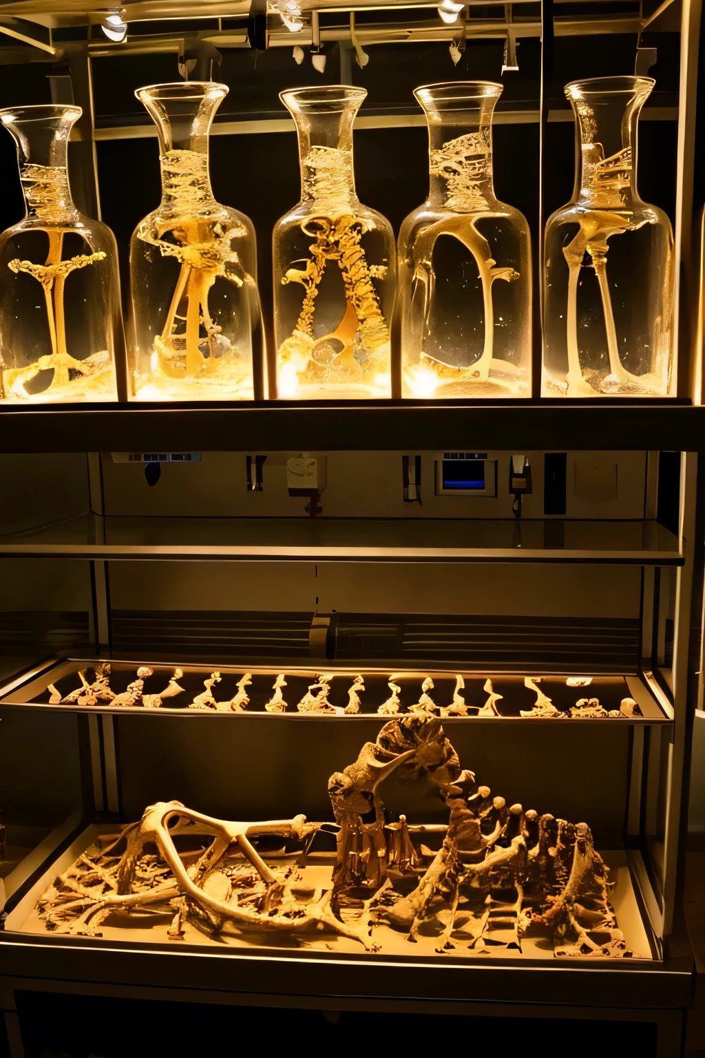 A dimly lit laboratory with a large number of formalin-preserved human bones.