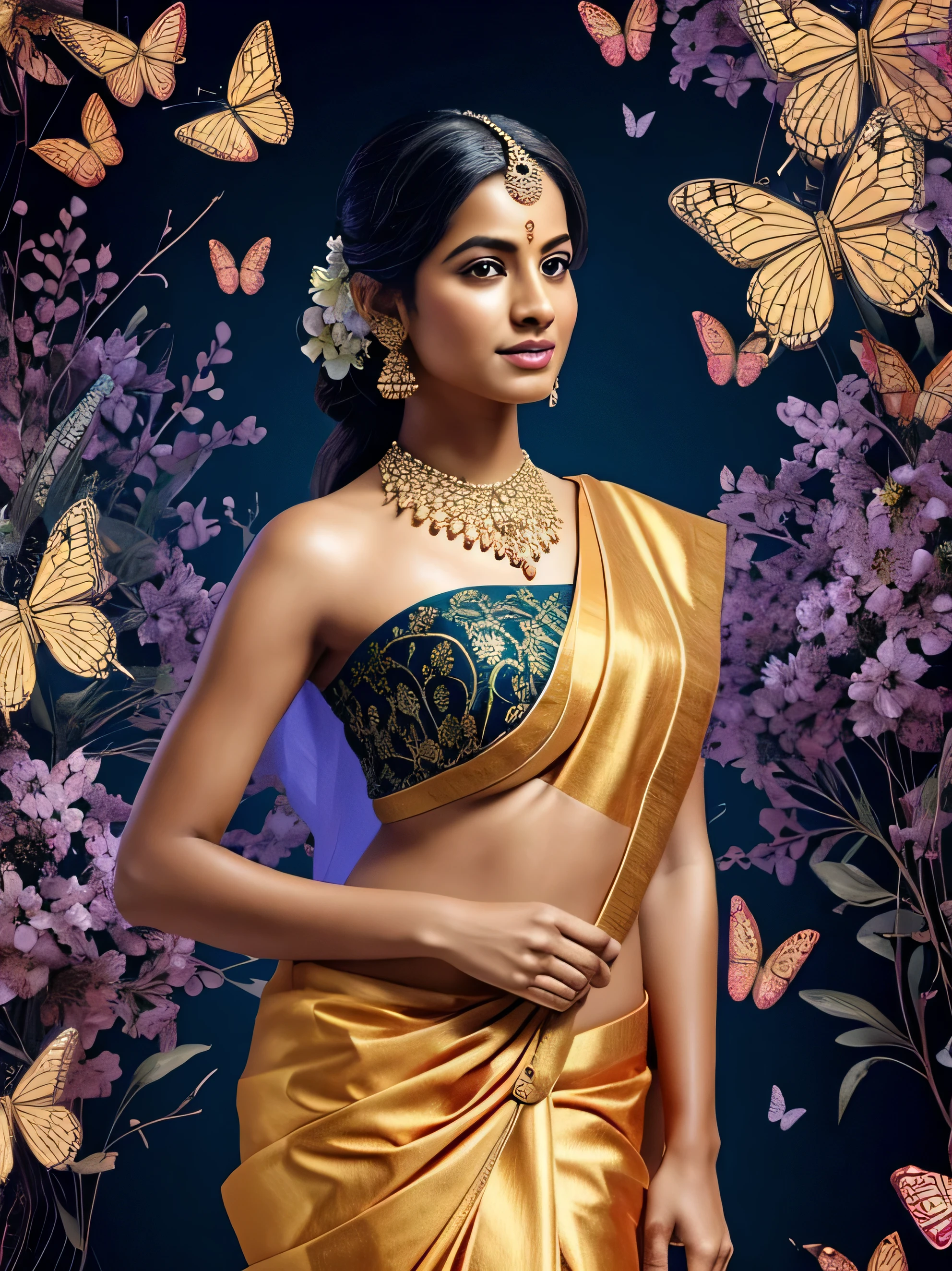 A digital illustration of a woman in a sari surrounded by butterflies and blooming flowers. The entire scene is rendered in a glowing [gold] line art style against a pure [gloss black] background. The woman is depicted in a serene position, her body and the other elements of the illustration formed by elegant, flowing lines that suggest movement and harmony. The butterflies and flowers are detailed, adding a natural, organic contrast to the smooth lines of the woman and the flowing lines of the sari. This image combines elements of fantasy and realism, capturing a moment of tranquility.