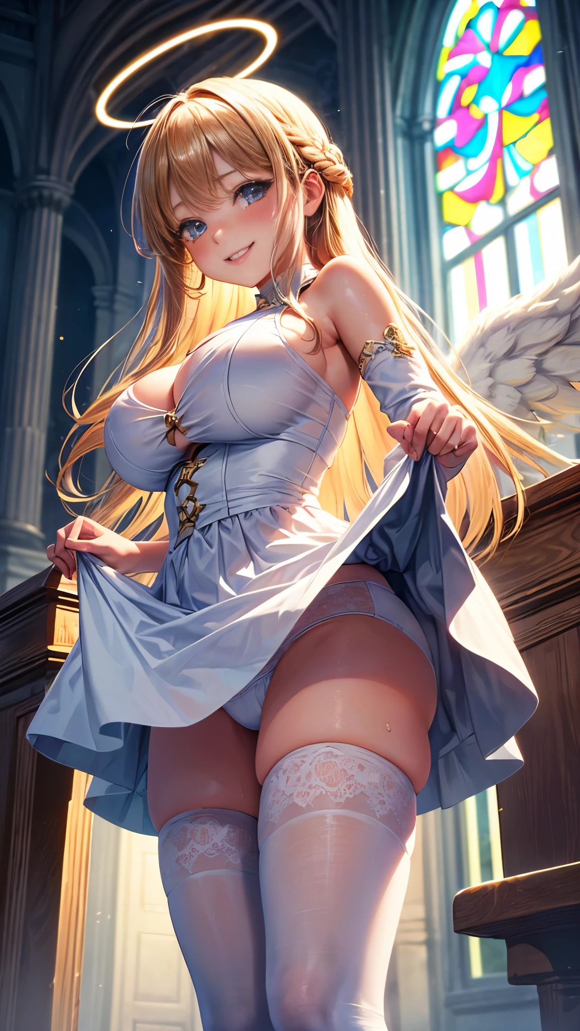 highest quality,masterpiece,8k,1girl,(((((()))))),((big breasts:1.3)),smile,blush, sweat,blonde hair,long hair,((fantasy,angel,wing:1.1)),halo,white dress,mini skirt,lift skirt,upskirt,white panties,white thighhighs,lift skirt,upskirt,white panties,church
