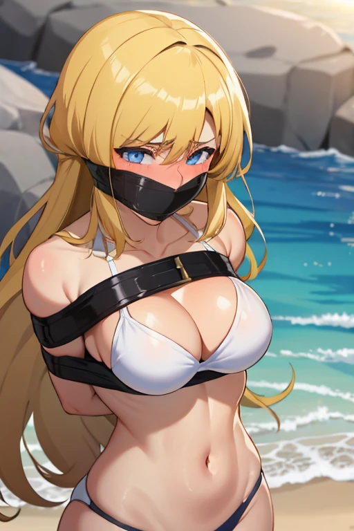 1 girl, blue detailed eyes, Long blonde hair, improvisierter Knebel, Klebebandknebel, GEKNEBELT, Klebeband, festgebunden, Arms behind the back, gefesselte Arme, white bikini, blushing, Tape gag, Standing, beach in the background, big