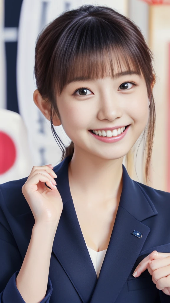 (best quality,4k,8k,highres,masterpiece:1.2), ultra-detailed,(realistic,photorealistic,photo-realistic:1.37),(portrait of a Japanese girl:2.0),(photorealistic style:1.2),close-up of her face, (innocent, super cute:2.0),(ultra baby-like face:1.5),(clear and beautiful eyes:2.0),(beautiful fair skin:2.0),Natural makeup,short hair,cabin attendant costume,elegant pose,(big smile:1.5),(slender hands:1.1),(navy blue business jacket:1.5)