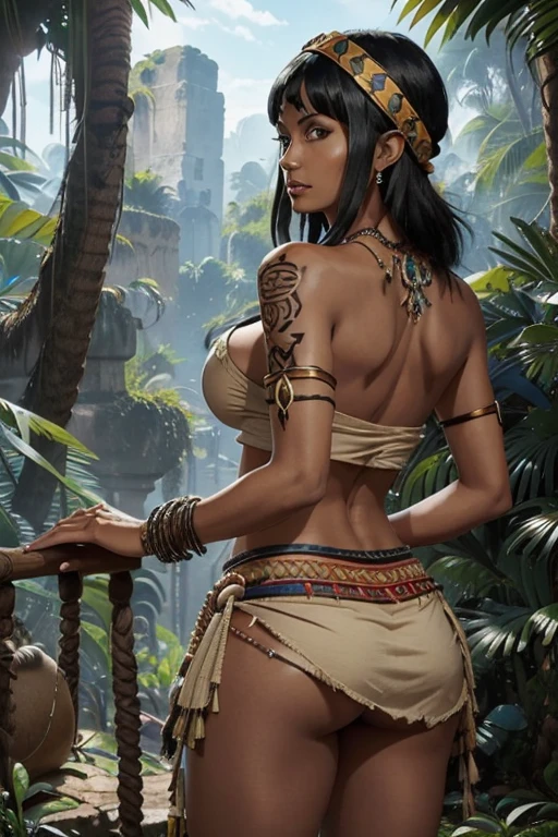 (masterpiece), best quality, expressive eyes, perfect face, Nico Robin in the jungle, (deep jungle ruins background), (posing), (seductive expression), (back view), (1girl, Nico Robin face, ebony, latina, dark skin, tanned skin, tan, black hair, short straight hairstyle with bangs, straight bangs, brown eyes, hourglass figure, thick body, curvy body, large breasts, huge breasts, oppai, large cleavage, wide hips, big butt, large butt, round butt, thick thighs, tribal body tattoos, (ripped clothes, tight fit clothes, beige front knot tribal bandeau with beads, decorative beads on outfit, strapless, sleevless, croptop, exposed under_boobs, exposed cleavage, breast burst out of clothes, large cleavage, beige tribal loincloth miniskirt with beads, tribal headband, tribal jewelry, tribal armlets, tribal earings, tribal necklace, tribal bracelets, tribal body tattoos), 