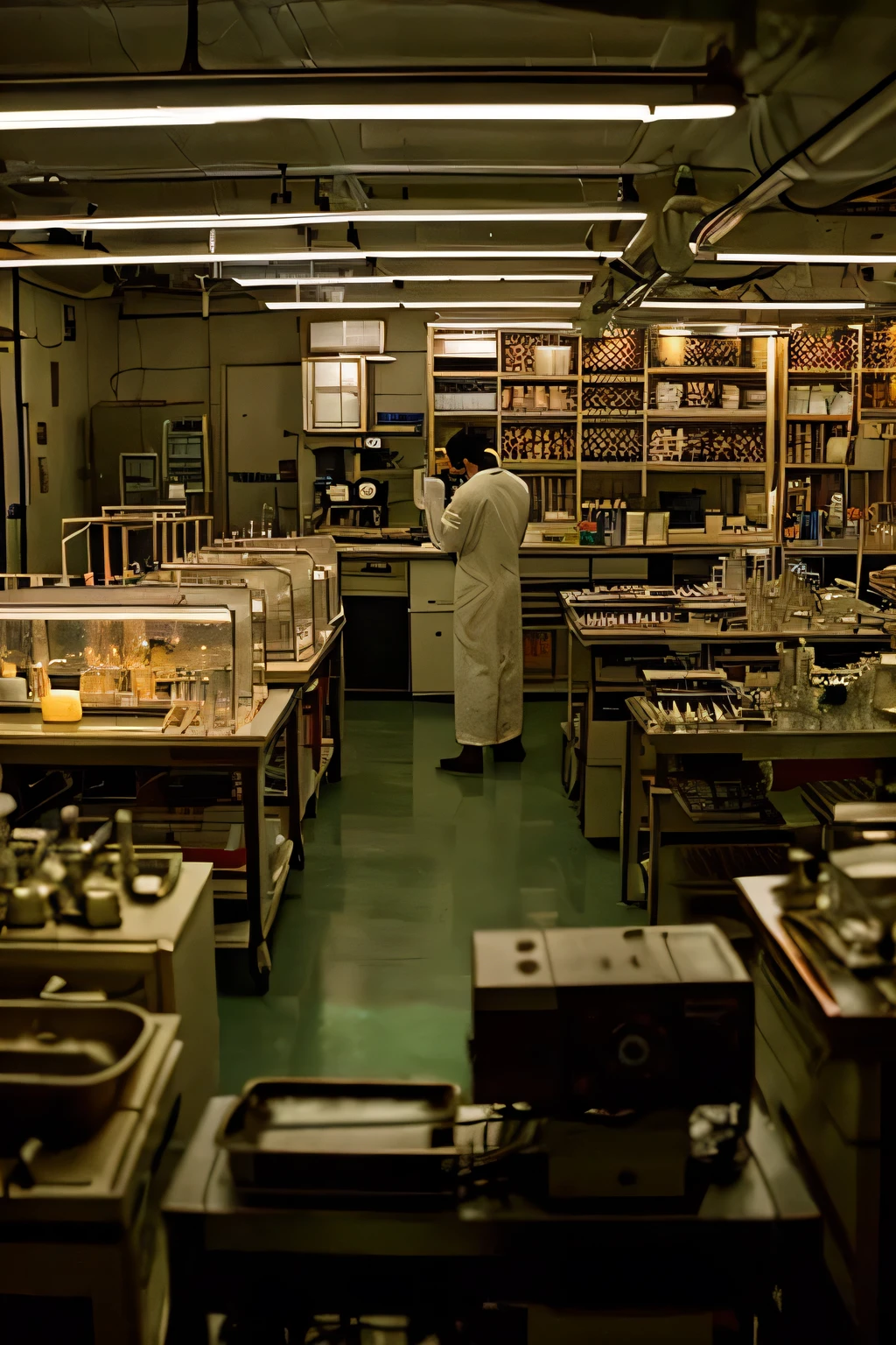 A dimly lit laboratory with a large number of various organs of people pickled in formalin.