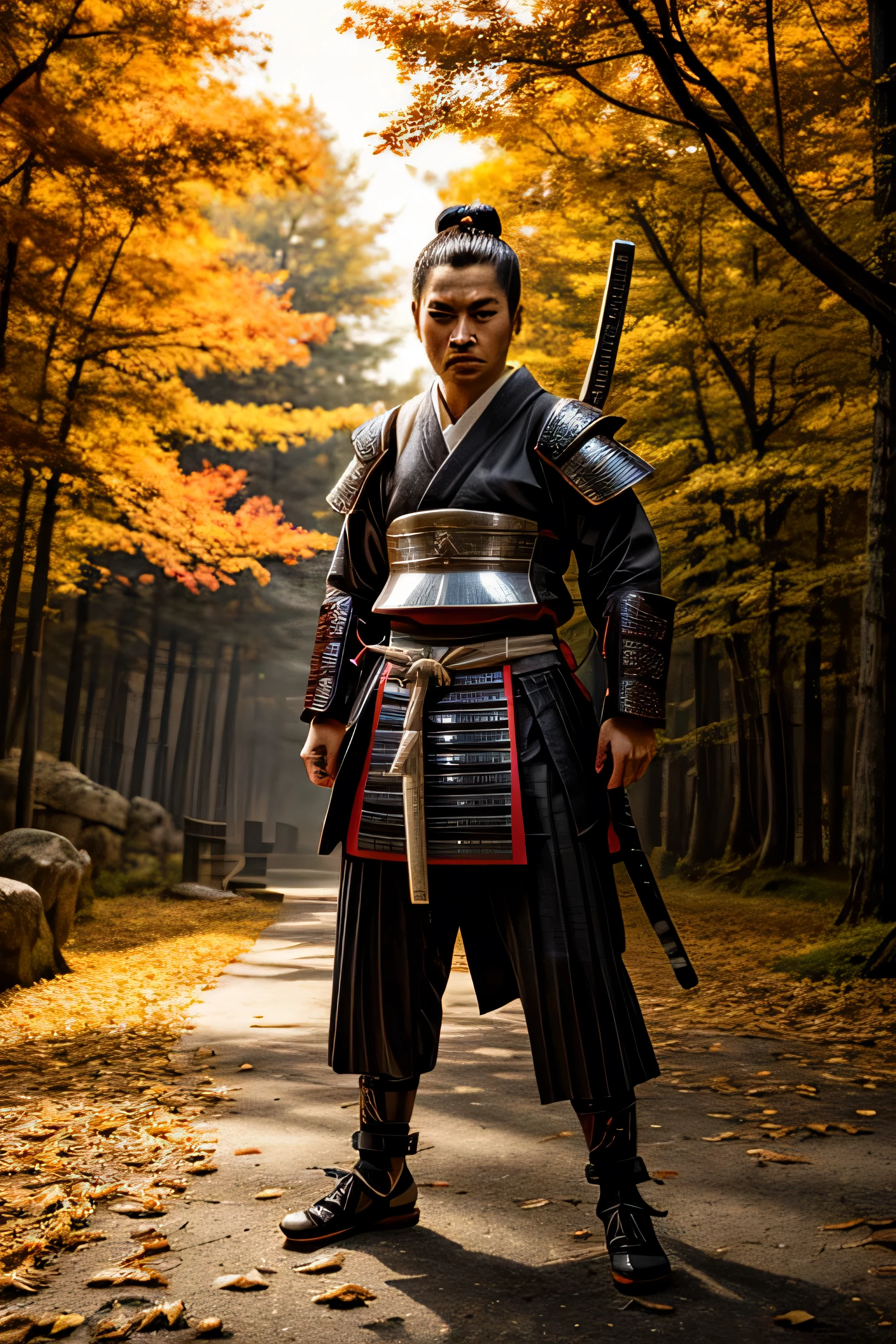 ultra-detailed samurai in traditional armor, fierce expression, powerful stance, katana in hand, Autumn Leaves Background
, vibrant colors, dynamic lighting,More Detail,