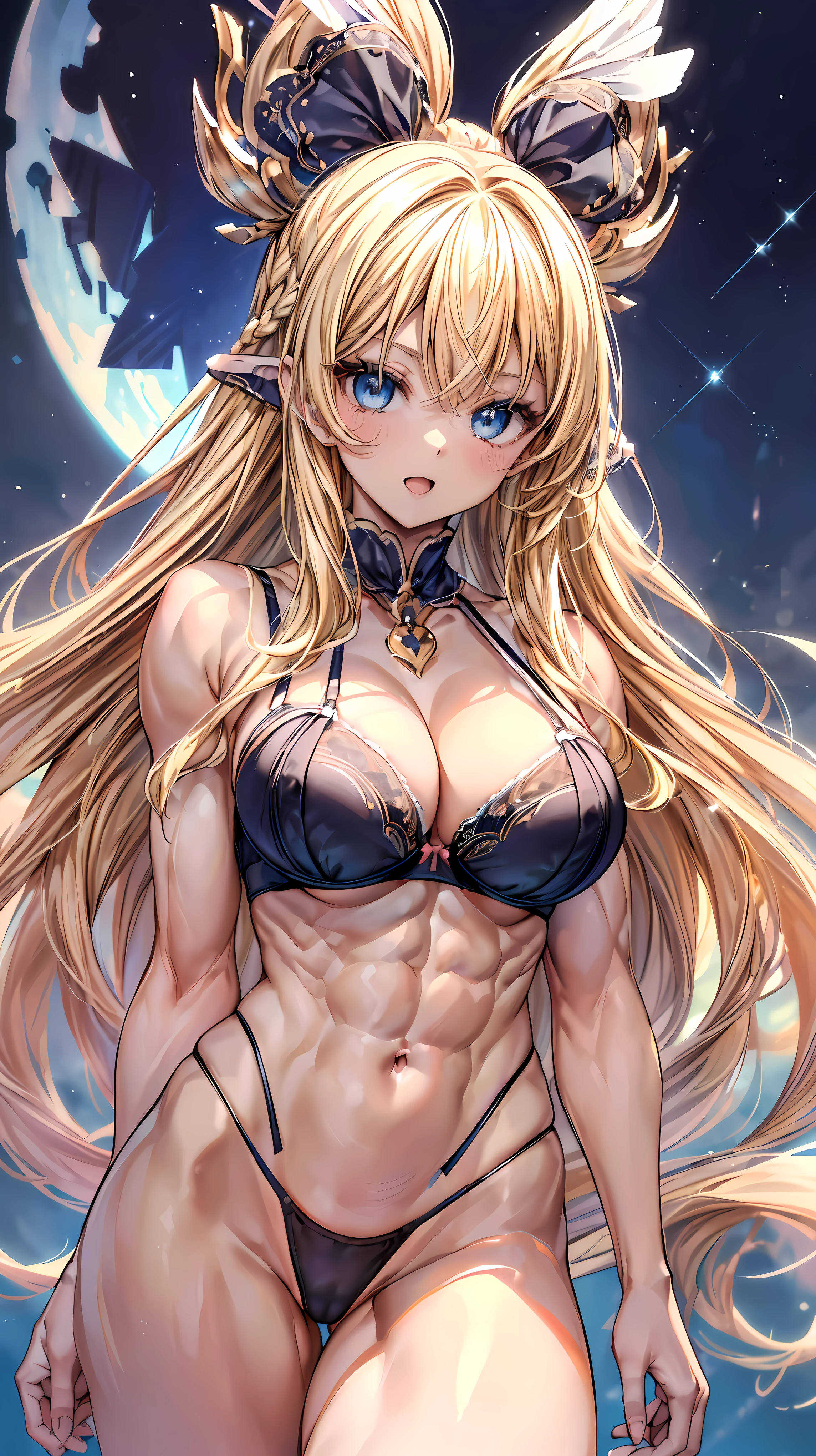 Very detailed、highest quality、Best image quality、masterpiece、8k、Anime Face、A kind smile、(Open your mouth:1.3)、Sparkling blue eyes、(Blonde semi-long hair:1.5)、(Muscles of the whole body:1.3)、(High leg panties:2.0)、Thigh belt、(Upper body photo:1.7)、(SFW Giant)、(Thick body:1.2)、(bra:1.5)