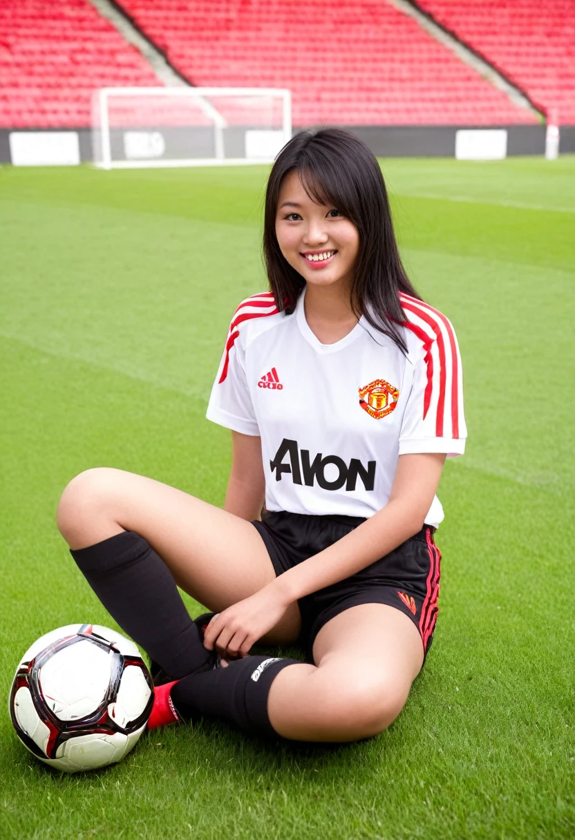 young Asian girl 20 yrs old. beautiful wearing((Jersey )) football shirt from the Manchester united football club with red and white stripes & wearing short training trousers. Smiling. long black brown hair. sitting pose holding the ball, in a magnificent stadium.