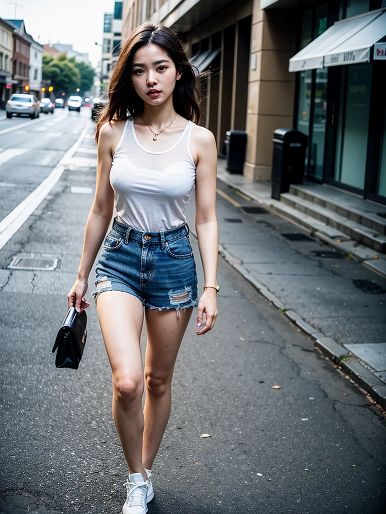 1 girl, Full body photo,,Jeans,Suspender T-shirt,Wearing sneakers, cropped shoulders,The facial features are delicate and three-dimensional, The expression is natural and real, cheerfulness,Detailed details,Real and natural,Walk next to the camera,Accidentally see your footage , wearing denim short shorts, photo of slim girl model, Straight dark brown hair ,floated hair,Large breasts, Walk the streets in style and naturally, The background is the mall square,Advancedsense,Korean female model, Casual style, In fashion style, Trendy clothes, Solo, Detailed background, street fashion outfit, modern fashion outfit, Sexy girl in shorts, street fashion outfit,, very beautiful slim legs, Photorealistic, Street photography, Masterpiece, Realistic, Realistic, Photorealistic, High contrast, artstation 8k, High-definition realistic digital art trends, Detailed, Skin texture, Super detailed, Realistic skin texture, armature, Best quality, Ultra-high resolution, (Photorealistic :1.4), Ultra-high resolution, Detailed, primitive, Sharp Re, Port Kodak 400, Camera f1.6 shots, Rich colors, Ultra-realistic, Realistic textures, Dramatic lighting, illusory engine, Popular on the ArtStation Cinestill 800