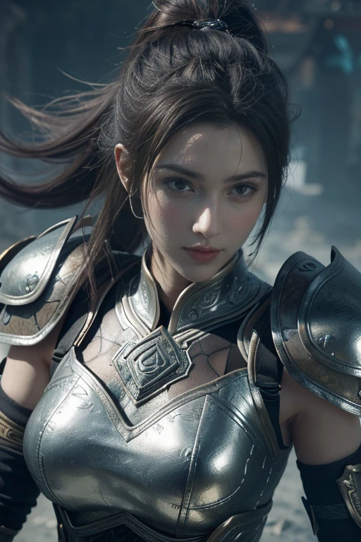 Game Art，Best picture quality，Maximum resolution，8k，(A bust photo)，(portrait)，(Head close-up)，(Rule of Thirds)，Unreal Engine 5 rendering works， (Future Girl)，(Female Warrior)， 
15-year-old girl，(Ancient Chinese general)，Eyes full of details，(Large Breasts)，Elegance and nobility，indifferent，brave，
(Wear Chinese-style armor，Tang Dynasty armor，The costumes are rich in detail，Metallic luster，Silver gray)，Chinese characters，Fantasy style，
Photo poses，Wild background，Movie Lighting，Ray Tracing，Game CG，((3D Unreal Engine))，OC rendering reflection mode