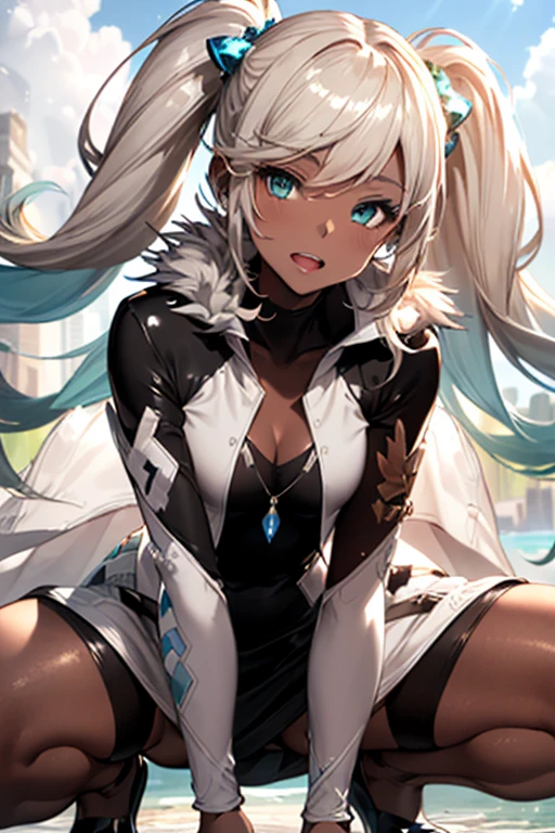 Iooiklas,Platinum Blonde Hair,Twin tails, hair ornaments, White Dress, Black knee socks,
Removable sleeves,Complex eyes,Beautiful fine details,Symmetrical eyes,Big eyes:1.5,Seductive eyes,
(((dark skin,dark_skin,lustrous skin:1.5,bright skin: 1.5,
skin tanned,shiny skin,very shiny skin,Shiny body,plastic glitter
skin,exaggerated shiny skin,illuminated skin))),
(,Detailed body,(Detailed face)), cute,Lewd,erotic,Bold,Camel toe revealing outfit,show skin,(((Sexy aqua fur coat, Aqua fur coat outfit,
wearing a Ice Dress:1.3,aqua 冬 coat))), ((Ice Dress,elegant Ice Dress)),
(White gloves,White clothes,(((Complex outfit,Complicated clothes,Embroidered costume,Glamorous costumes,Embroidered clothes,
Glamorous clothing))),skinsuit, Bodysuits, pantyhose,
High resolution,Sharp focus,(Super detailed,Very detailed),(Very detailed CG unity 8k wallpaper),
(((Vibrant colors))),Beyond the Clouds, Surrounded by water, reflection,Breathtakingly beautiful clouds,Beach,Shy laugh,Open your mouth,Spread your legs,(Anatomically correct),squatting pose,