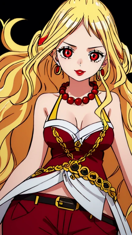 Beautiful anime girl, solo, 1girl, looking at viewer, cute, beautiful, red eyes, long hair, open hair, blonde hair, braided hair, StrawHat, one piece, smiling, light skin, red lips, anime, best quality, masterpiece, extremely detailed, 4k, red eyes, beautiful red eyes, detailed face, detailed eyes, golden necklace, golden earings, standing, extremely beautiful, high quality eyes, hair covering one eye, wanostyle, ((masterpiece)), (best quality), (extremely detailed), depth of field, sketch, dark intense shadows, sharp focus, soft lighting, hdr, colorful, good composition, spectacular, (Highest quality illustrations:1.2), (Kawaii Girl:1.1), (1girl in, solo:1.5), One pose、Neat and clean image、ultradetailed eyes:1.2), ((red-eyed、Blonde hair:1.5))、hair wavy、curlyhair, hair wavy、BREAK(top-quality、ultra-detailliert、highly detailed and beautiful、超A high resolution、Detailed arm:1.2), Wink, party hall background, pirate, high quality jewelry, upper body, thin body, black top, open red coat, black pants,