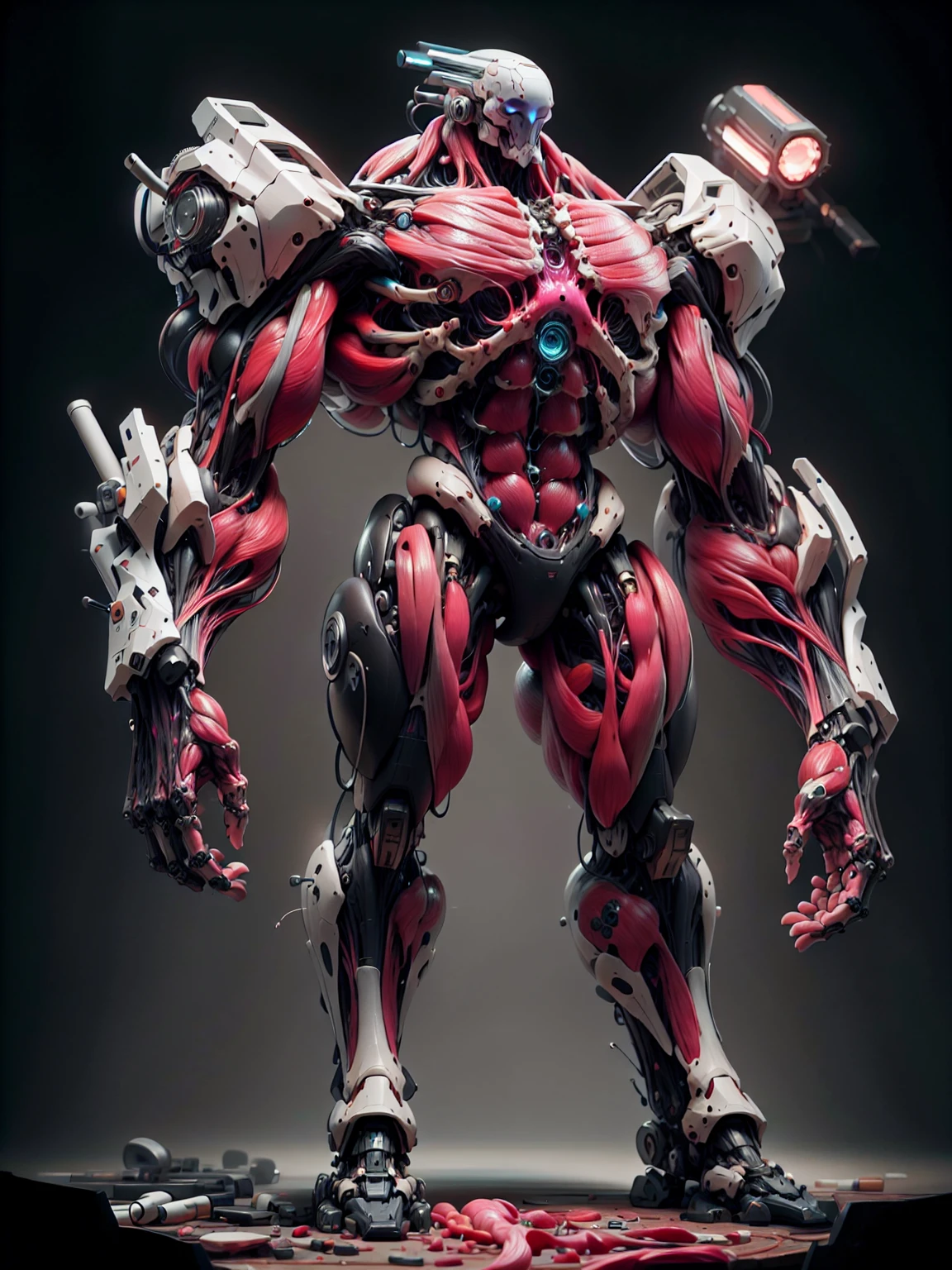 (1 girl), (cara delevingne), (muscular android girl wearing a black anatomic cybernetic muscle suit:1.25), (wide shoulders:1.25), (muscular defined physique:1.25), perfect hands, long hair, large breasts, high resolution image, extreme detail, blank background