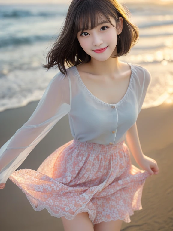 masterpiece、highest quality、Woman standing on the beach near the sea, 若くてpretty girl, Sheer light grey top、A miniskirt with small pink flowers on a white background、Beautiful Japanese Girl, Cute young woman, Cute and elegant pose,View the photographer、smile、 Japanese Model, Beautiful girl idol, cute beautiful, pretty girl, a Cute young woman, Cute young girl, Lovely lady, Very beautiful girl, Cute Core、(looking at the camera:2.0)、Detailed and beautiful eyes、Soft look、優しいsmile
