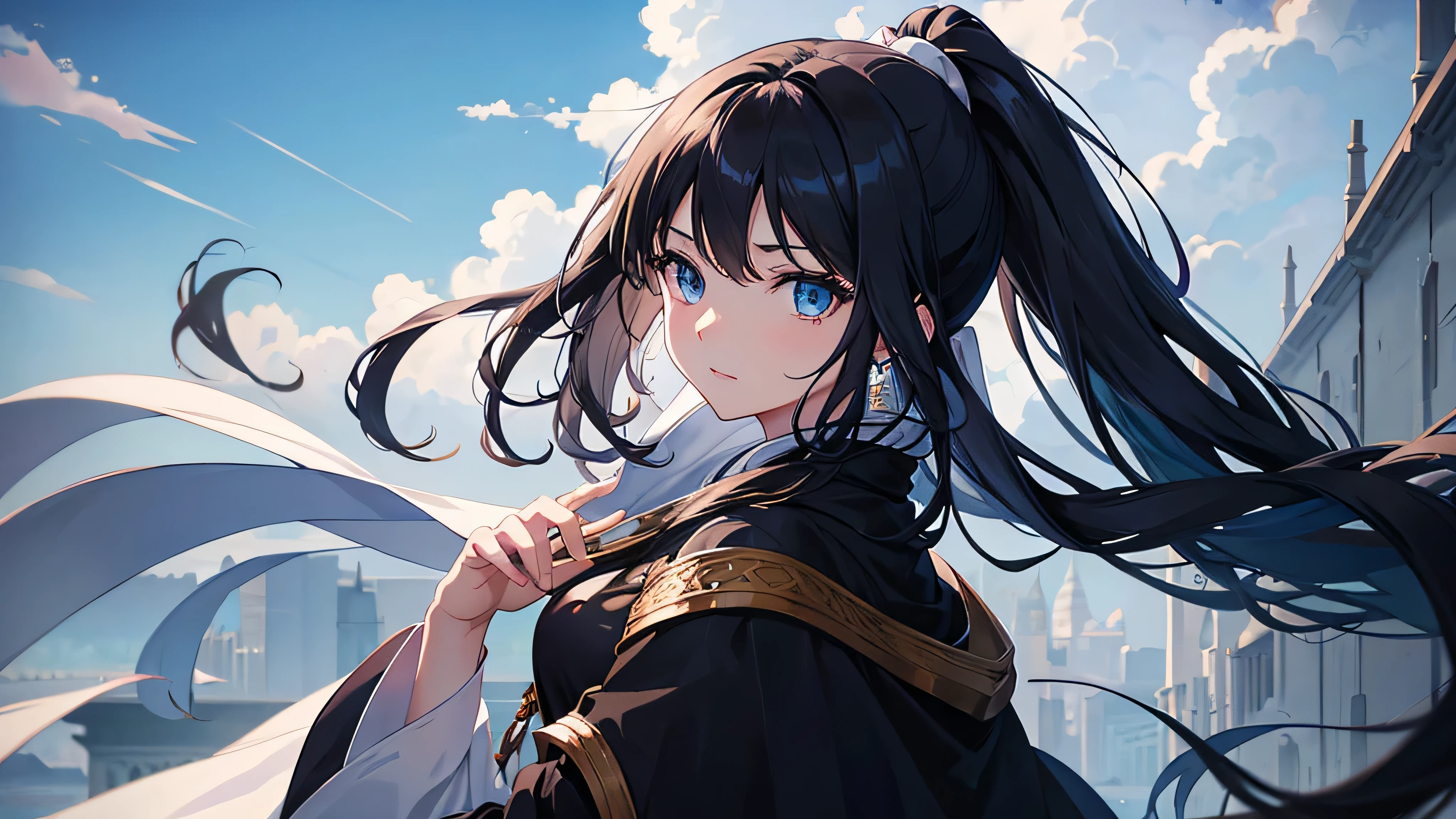 anime, woman, young woman, Long Hair, white, Bright Blue Eyes、 Wearing a long black cloak、 Mysterious、 Arabian Background、ponytail、Uplifting