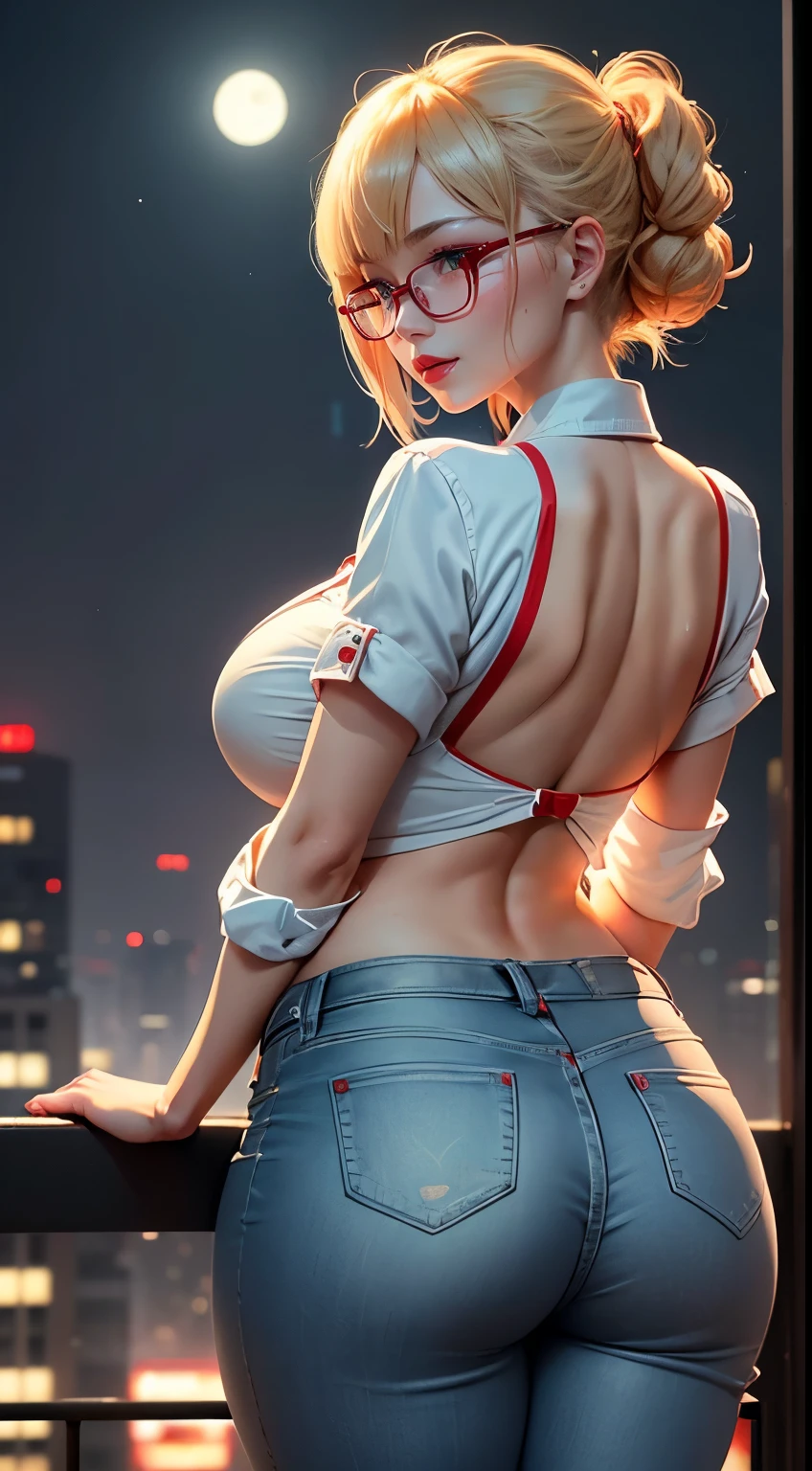 Chinese Idol ((A MILF)) Blonde shorthair with bangs ((eye glass)) bright red lips White button shirt ((Blue Denim Pants)) bbw Flushed cheeks ((The rooftop of a high-rise building with a beautiful night view of Osaka)) Portrait Looking at the camera ((Dressing)) Sultry and sweaty shiny face Glossy lips Best Quality masterpiece sexy smiling Facing the front Hair fluttering in the wind posterior view Turn around and look at us With Tsutenkaku Tower and the Moon in the background Gravure photoshoot Forward bending Back view Turn around and make eye contact Cherry in large quantities Sweat-soaked shirt Knee-high boots Bright red rouge lips