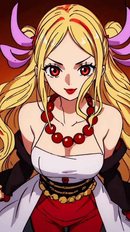Beautiful anime girl, solo, 1girl, looking at viewer, cute, beautiful, red eyes, long hair, open hair, blonde hair, braided hair, StrawHat, one piece, smiling, light skin, red lips, anime, best quality, masterpiece, extremely detailed, 4k, red eyes, beautiful red eyes, detailed face, detailed eyes, golden necklace, golden earings, standing, extremely beautiful, high quality eyes, hair covering one eye, wanostyle, ((masterpiece)), (best quality), (extremely detailed), depth of field, sketch, dark intense shadows, sharp focus, soft lighting, hdr, colorful, good composition, spectacular, (Highest quality illustrations:1.2), (Kawaii Girl:1.1), (1girl in, solo:1.5), One pose、Neat and clean image、ultradetailed eyes:1.2), ((red-eyed、Blonde hair:1.5))、hair wavy、curlyhair, hair wavy、BREAK(top-quality、ultra-detailliert、highly detailed and beautiful、超A high resolution、Detailed arm:1.2), Wink, luxurious ball room background, pirate, high quality jewelry, upper body, thin body, black top, open red coat, black pants,