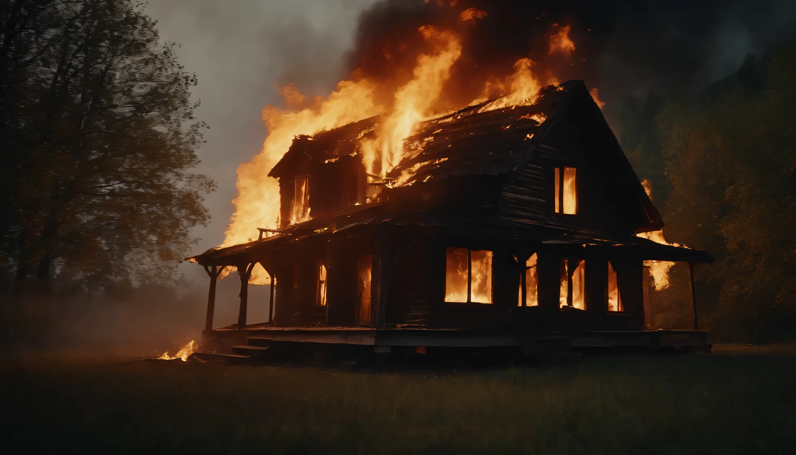 An old wooden house goes up in flames black background , full details, 3D, 4K rendering octane, super realistic