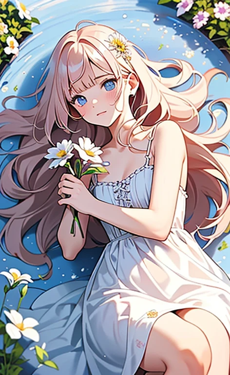 (masterpiece:1.4、top-quality、illustration:,realistic、)、(character focus、,cowboy shot:1.3)、(1girl),(clear face:1.3),(),cute face,blue eyes、(tareme:1.3)、(from above),
(Lying in a flower field:1.4),(fetal position:1.4)、(looking out:1.4),、
(pink blonde hair),(very long hair:1.5)、
,(Flower Field:1.3、Flower storm:1.3),(white camisole dress:1.5),
(blunt bangs),(volumey,sidelocks,wavy hair:1.3), (small breasts)、
、slender、