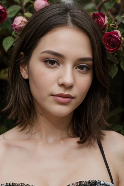 a woman, 25 year old, delicate, cheveux de longueur moyenne, cheveux bruns, skin details, pores de la peau, éclairé par les flashs des photographes, posing, photoshoot, inside a huge bushes of red roses, pink lingery