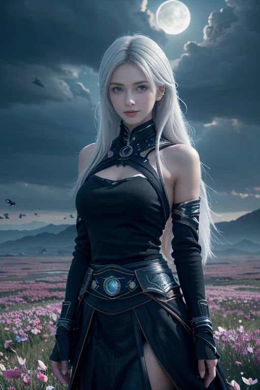 masterpiece, best quality, 1 Girl, (rich and colorful),(Beautiful eyes and delicate face),cinematic Lighting,Half-length photo,Extremely detailed CG Unity 8K wallpaper,white hair,Solitary,Smile,Delicate skirt,((Flying petals)),(Flowering meadow) Sky, cloudy_Sky, architecture, moonLight, moon, night, (Dark theme:1.3), Light, fantasy,