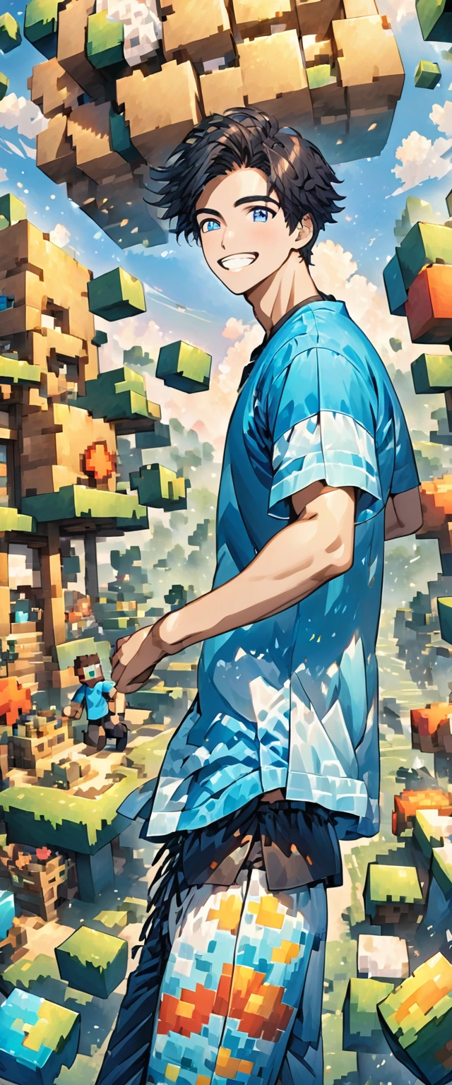 Boy , short hair, blue t-shirt , block pants, teenager, perfect quality, happy smile, Minecraft background