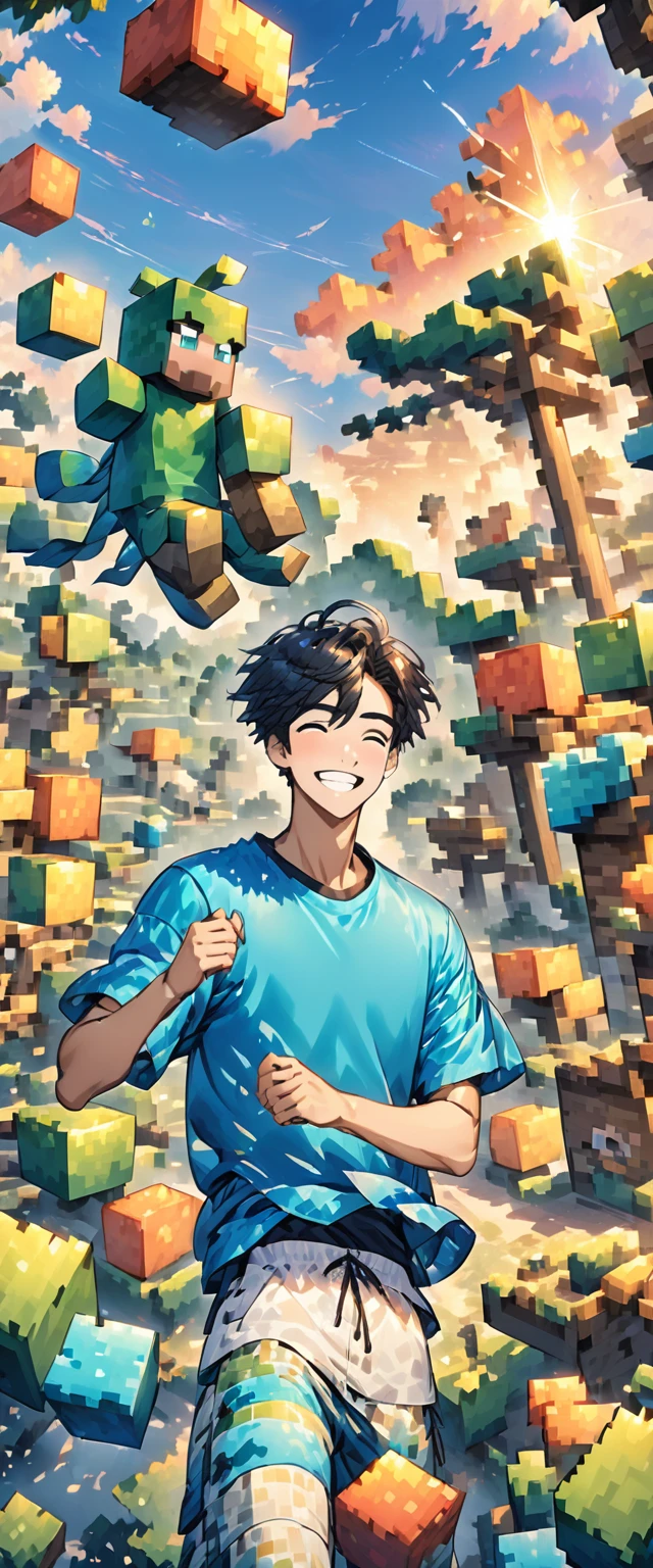 Boy , short hair, blue t-shirt , block pants, teenager, perfect quality, happy smile, Minecraft background