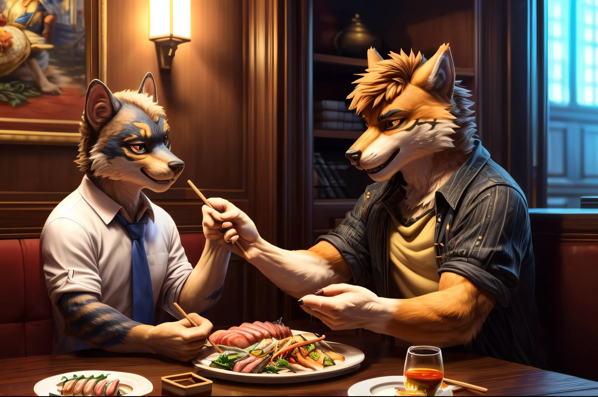(((barefoot furry character, full body, cinematic setting, furry male, plantigrade))) 

Chopsticks aren't just for sushi anymore! In a fascinating turn of events, US-China diplomatic talks are seeing a thaw over shared meals, using chopsticks as tools of diplomacy. Who knew dinner etiquette could be so influential?

BREAK, detailed background, 8K, (masterpiece:1.5), intricate details, highly detailed, extreme detail, octane render, fine art, best quality, highres, (detailed face:1.5), ((full_body)), UHD, (((perfect hands))), low light, (((correct anatomy)))