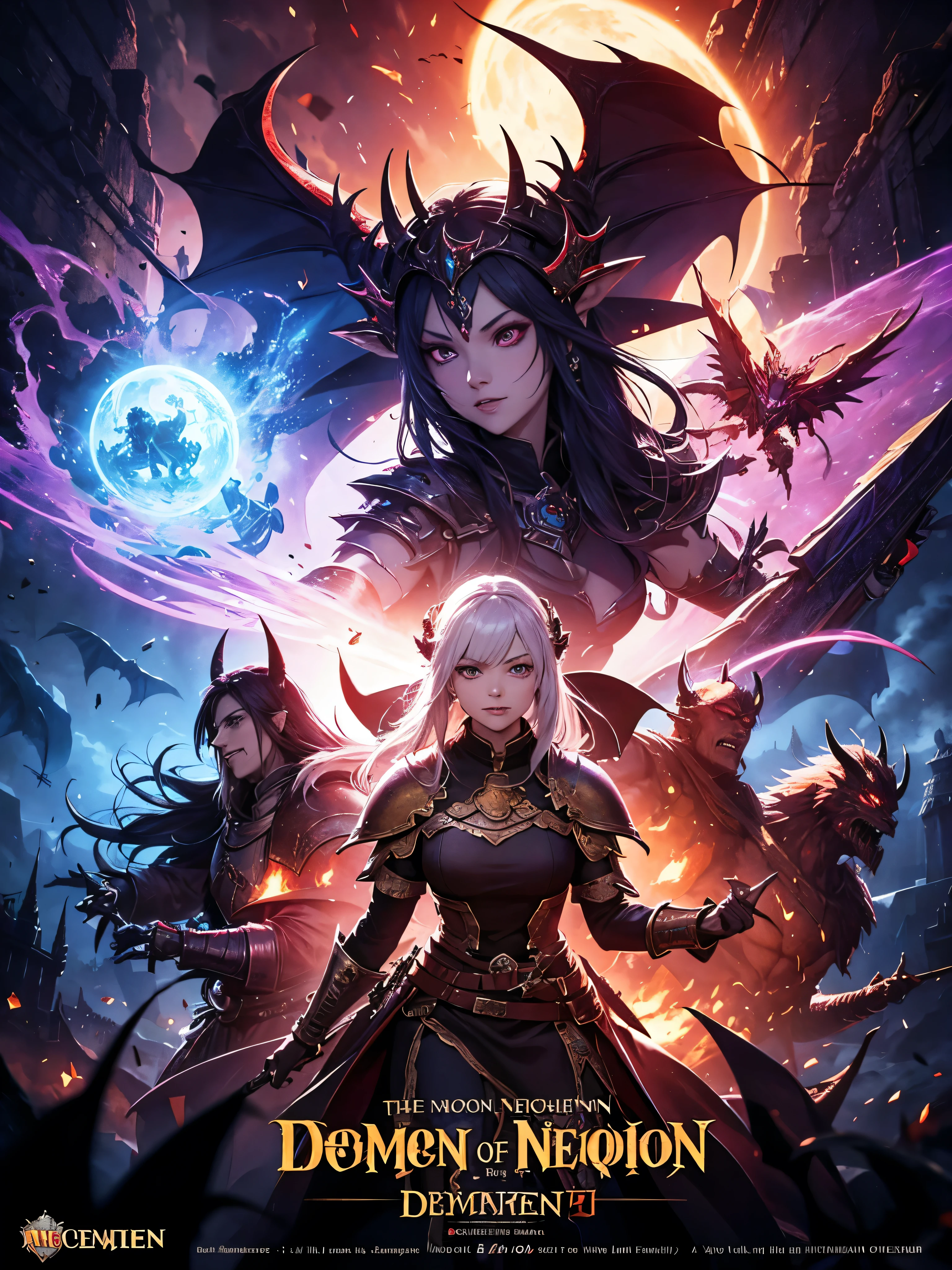 Dnd campaign poster, the wakenijg of the demon queen, colorful, fantasy, medieval, detailed, cineatic lights, hd, ultra hd , lights particles 