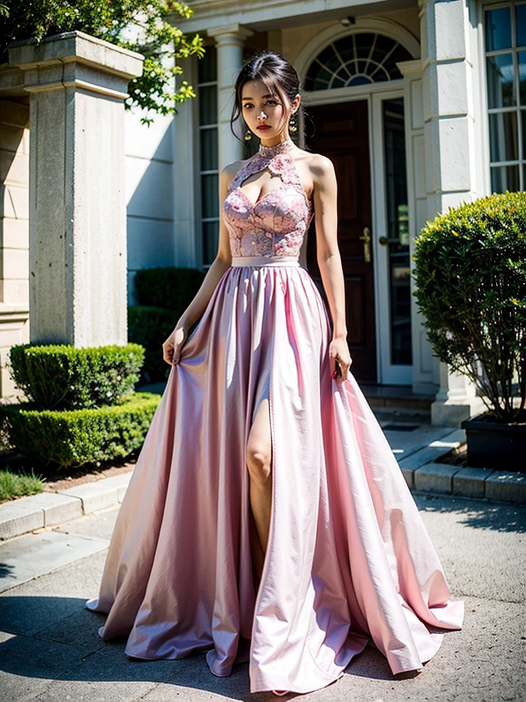 Alafi woman in pink dress standing in front of the house, Pink dress, wearing a pink dress, Wearing a pink dress, wearing pink floral gown, Romantic dress, Dressed in elegant dresses, Gorgeous lady, 8K)), shaxi, with a thin waist, xintong chen, wearing a pink ballroom gown, cute beautiful