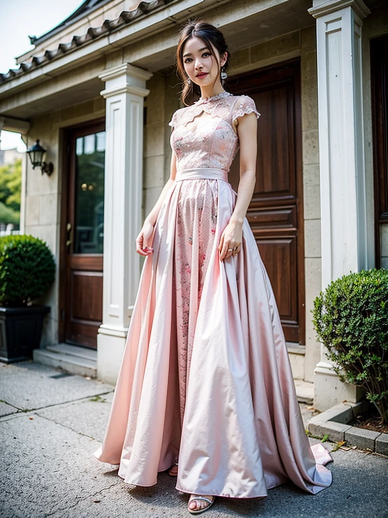 Alafi woman in pink dress standing in front of the house, Pink dress, wearing a pink dress, Wearing a pink dress, wearing pink floral gown, Romantic dress, Dressed in elegant dresses, Gorgeous lady, 8K)), shaxi, with a thin waist, xintong chen, wearing a pink ballroom gown, cute beautiful