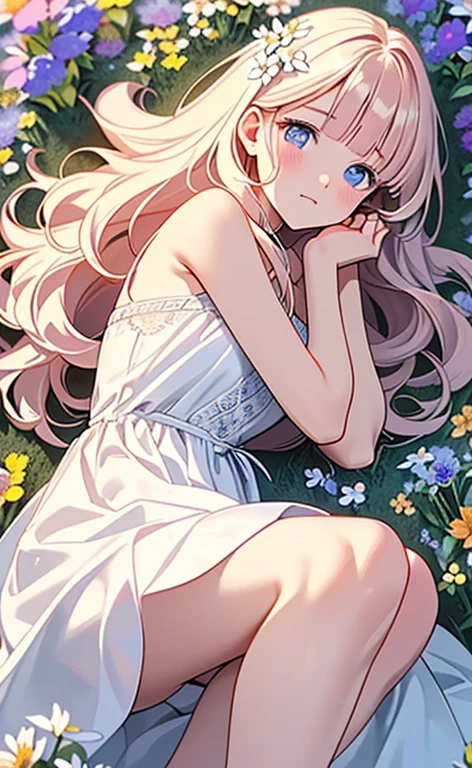 (masterpiece:1.4、top-quality、illustration:,realistic、)、(character focus、,cowboy shot:1.3)、(1girl),(clear face:1.3),(),cute face,blue eyes、(tareme:1.3)、(from above),
(Lying in a flower field:1.4),(fetal position:1.4)、(looking out:1.4),、
(pink blonde hair),(very long hair:1.5)、
,(Flower Field:1.3、Flower storm:1.3),(white camisole dress:1.5),
(blunt bangs),(volumey,sidelocks,wavy hair:1.3), (small breasts)、
、slender、