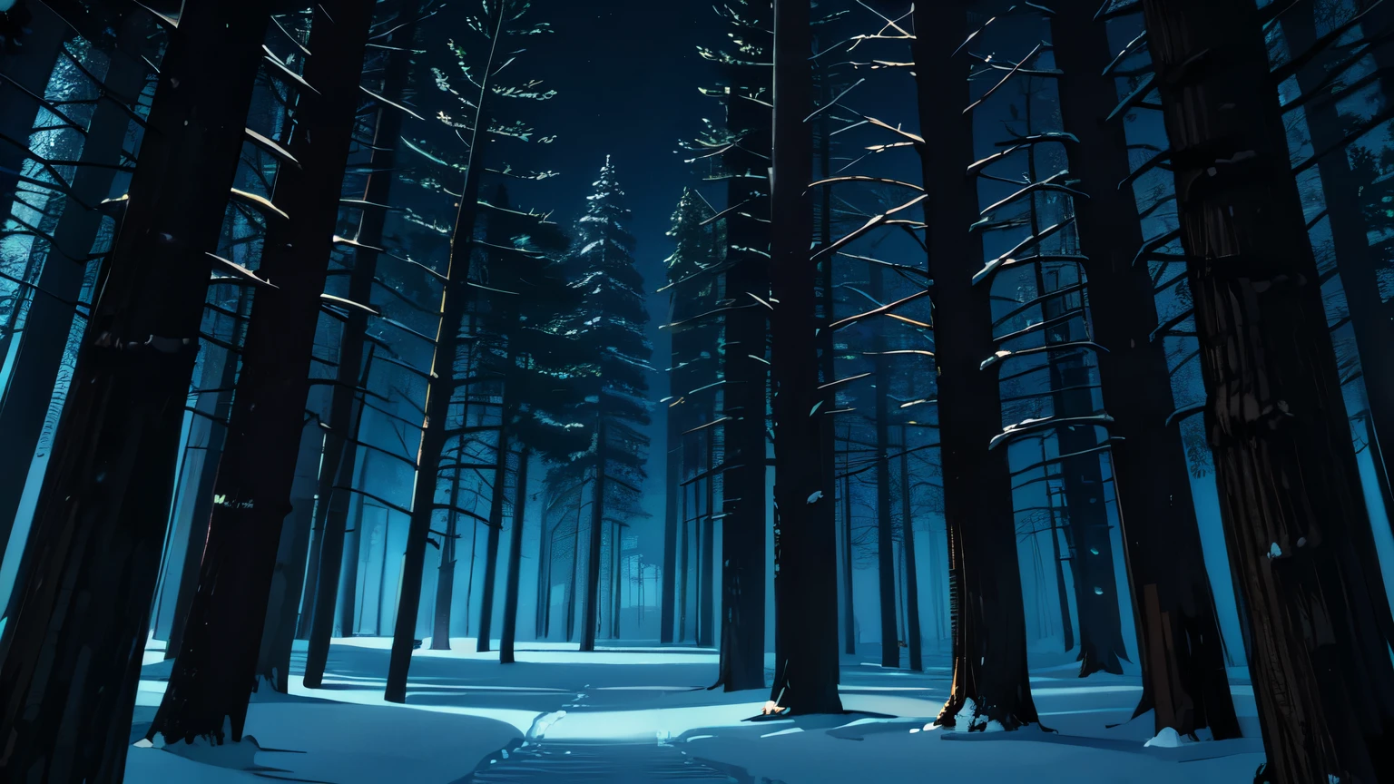 winter forest, night, ominous atmosphere, The sky is overcast, night