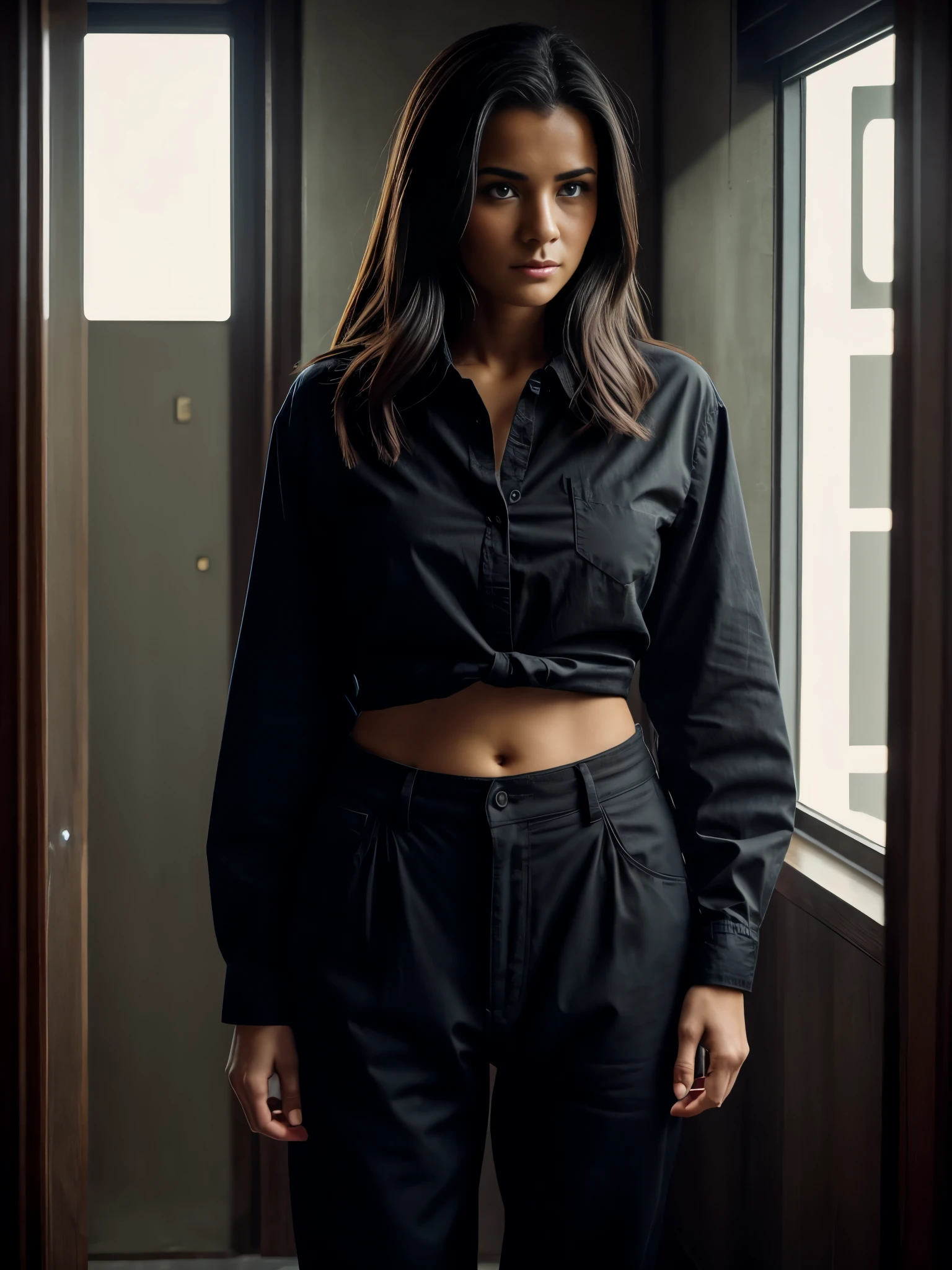 standing girl with pants and shirt, sfw, (sfw1.5), realistic hands, (background inside dark, moody, private study:1.3), portrait, by lee jeffries, nikon d850, film stock photograph, 4 kodak portra 400, camera f1.6 lens, rich colors, hyper realistic, lifelike texture, dramatic lighting, cinestill 800