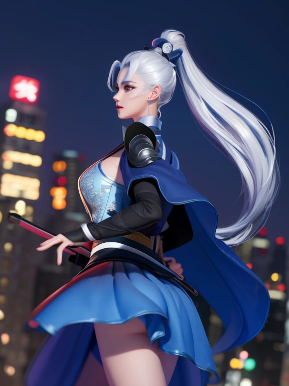 WZRY Mulan MQJF, 1 Girl, Long hair, Solitary, Ponytail, cape, white hair, jewelry, skirt, blue eyes, Black gloves, armor, breast,  cityscape, night, Looking at the audience, Mature female, Nice butt,，Beautiful buttocks，skirt里什么都没穿