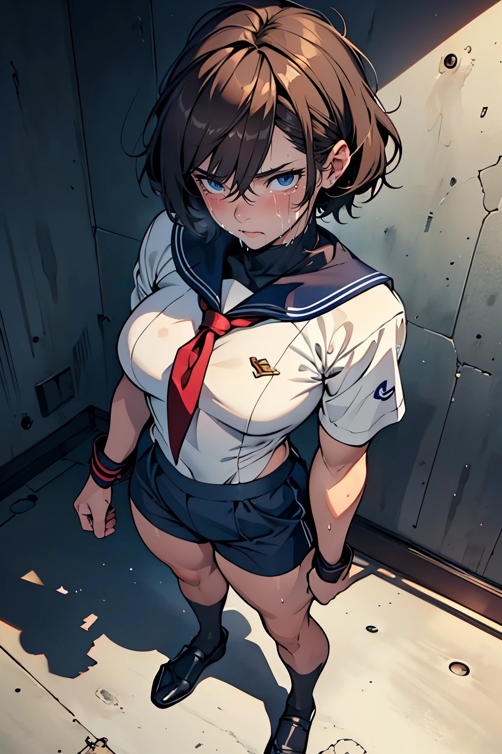 (High definition CG Unity 8k wallpaper). (masterpiece). (Highest quality). (Ultra definition). (Best illustration). (Best Shadow). (Absurd). 15 year old femboy. It's embarrassing. Sweat. steam. stare. Bob cut hairstyle. brown hair. Sailor suit. Navy shorts. Upturned eyes. , glowing fluorescent lights. Full body portrait. femboy.