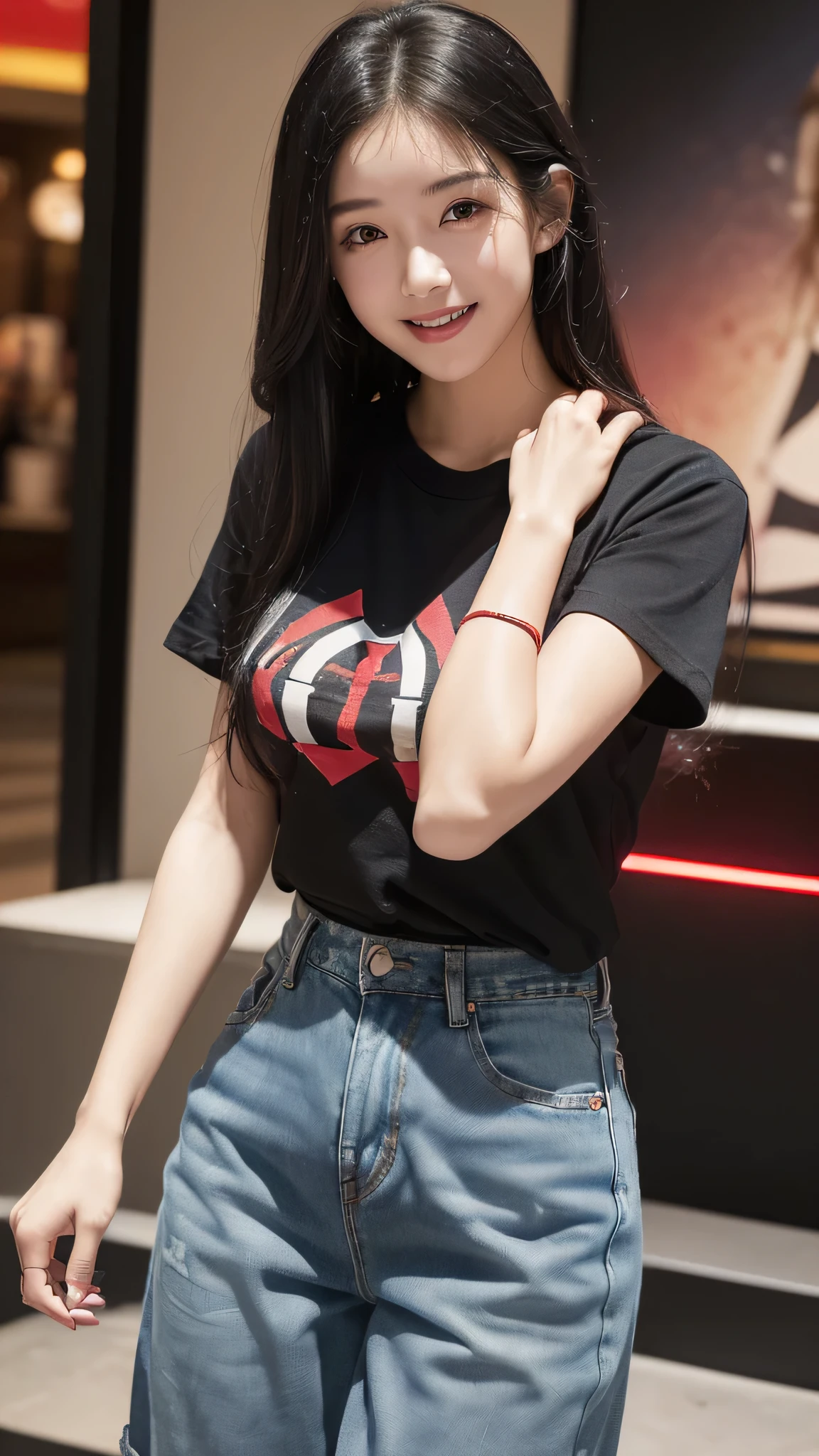 最high quality、Best image quality、masterpiece、girl((18-year-old、 By becoming、Best Bust、Medium Bust,Wide open breast tea、Red glowing eyes,Black Hair、Red Mesh、Disheveled Hair、Lointail、thin,The highest valley、Open chest、Luminous Wristbands、hair ornaments、Show the whole body,Black short sleeve T-shirt、Short denim trousers、Leaning forward、smile、Holding a guitar、Performance、sing)),high quality、Beautiful art、background((Large shopping malls,Street Museum))、Flight、Flying debris、Written boundary depth、movie、Visual Arts、Perfect art、8K,Genuine,